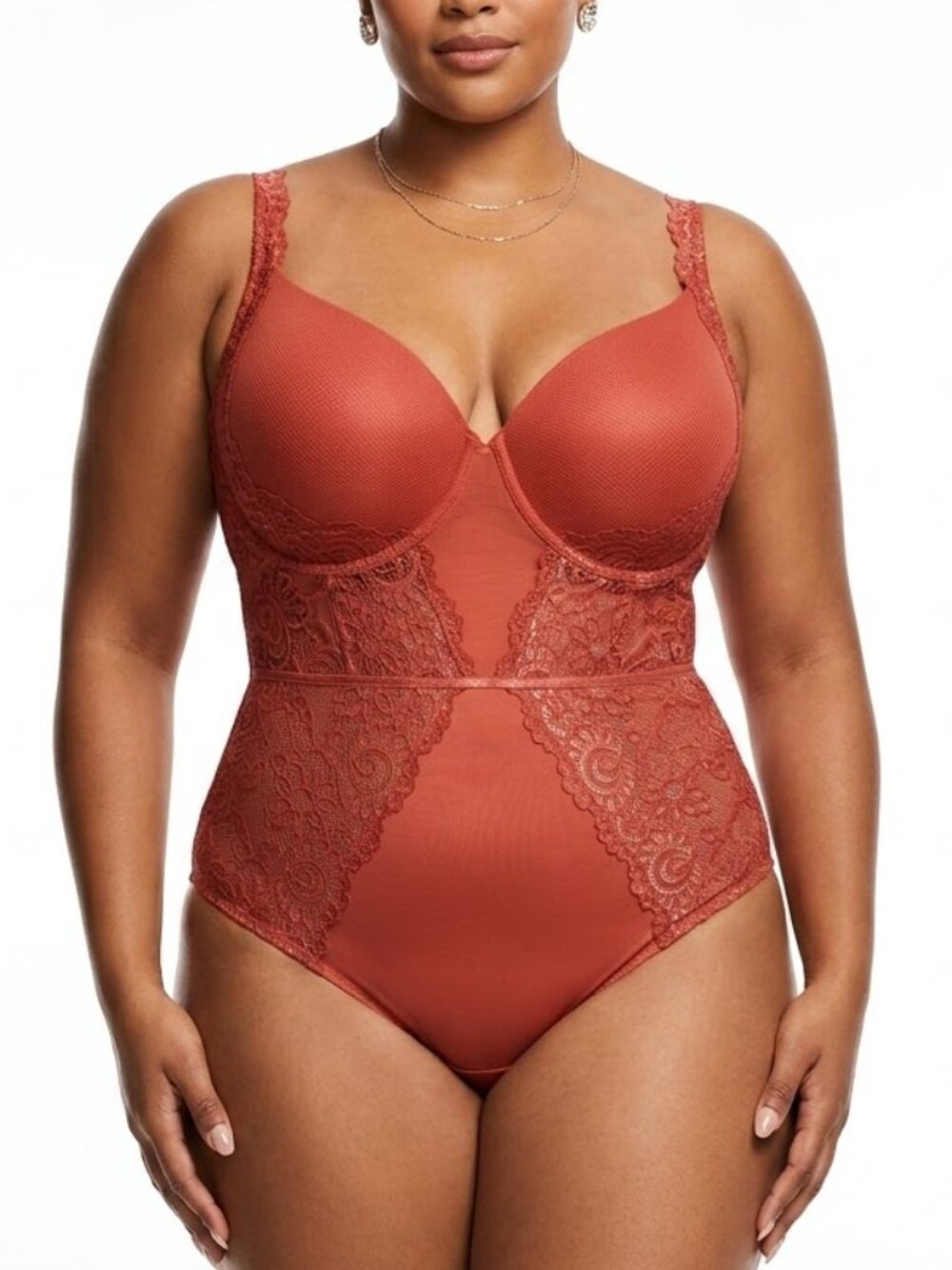 Unbranded Terracotta Grunge Lace Undercup Panel Mesh Bodysuit Lingerie 4XL
